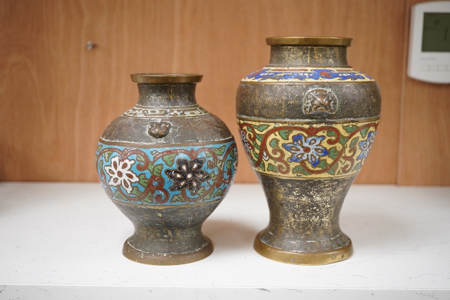 Two Japanese champleve enamelled brass vases, tallest 18cm. Condition - fair to good